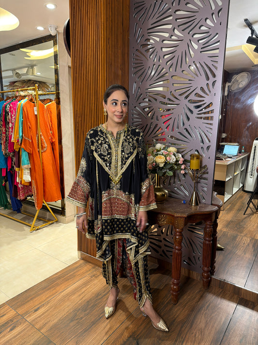 Black & Red Printed Dhoti Set