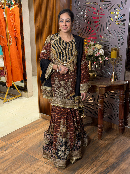 Gold Embellished Maroon Sharara Set