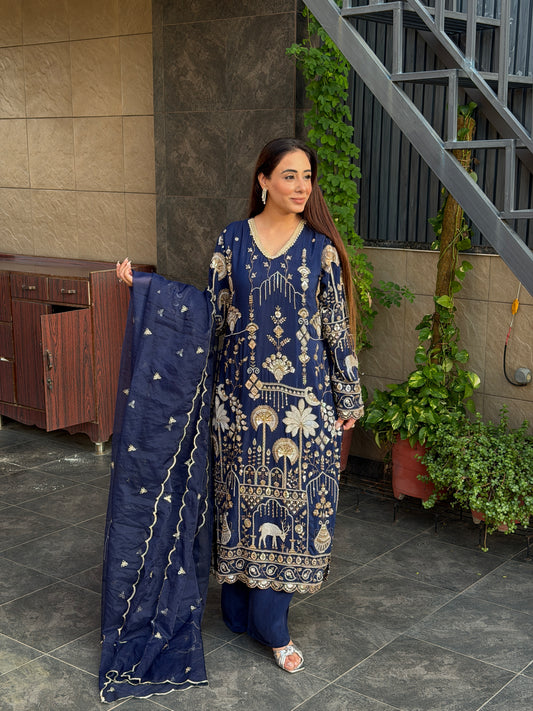 Midnight Navy Heritage Embroidered Kurta & Palazzo Set