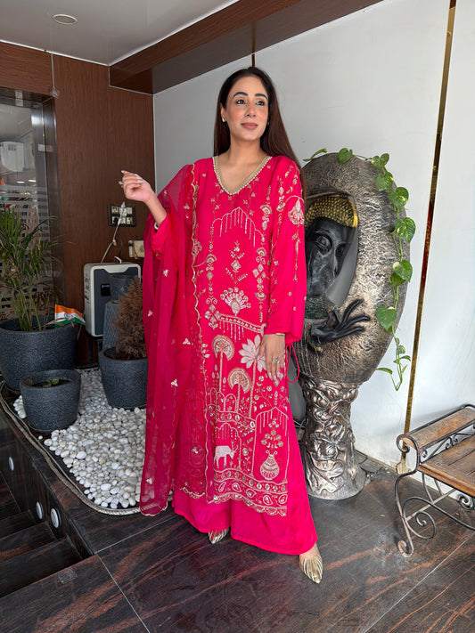 Vibrant Fuchsia Heritage Embroidered Kurta & Palazzo Set
