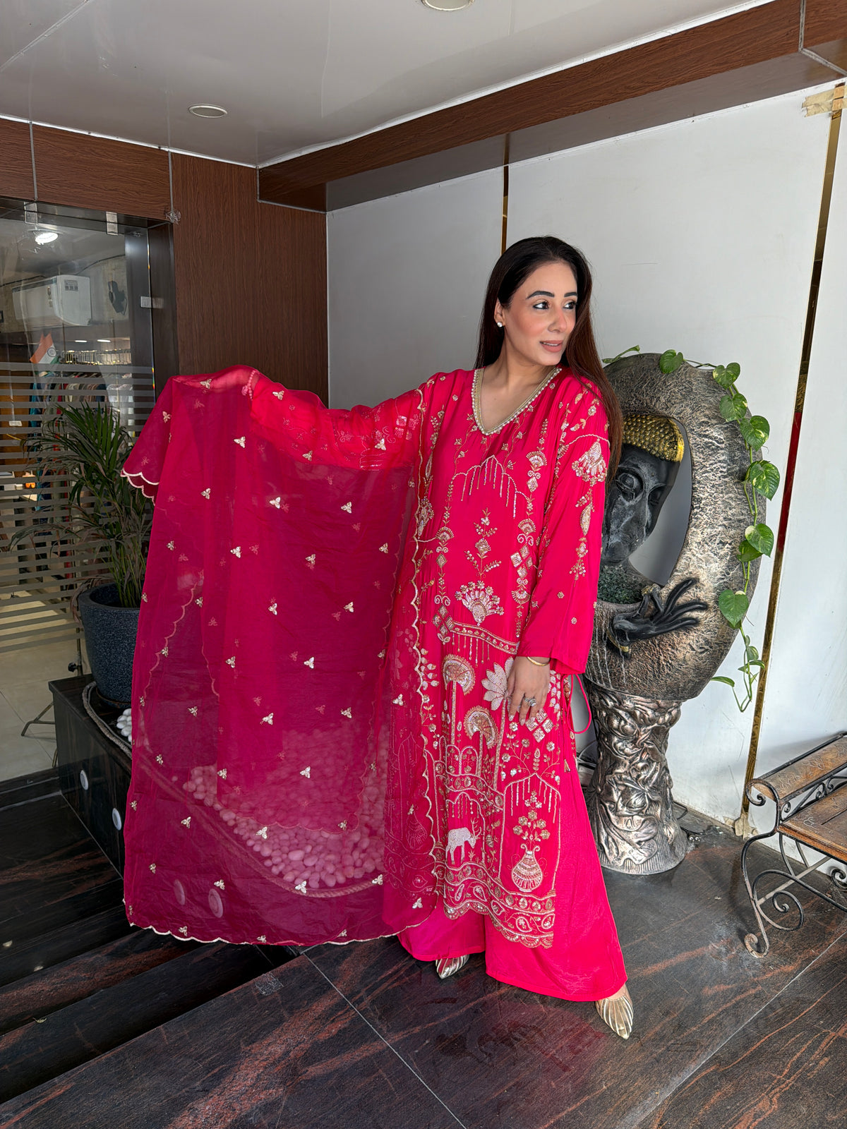 Vibrant Fuchsia Heritage Embroidered Kurta & Palazzo Set