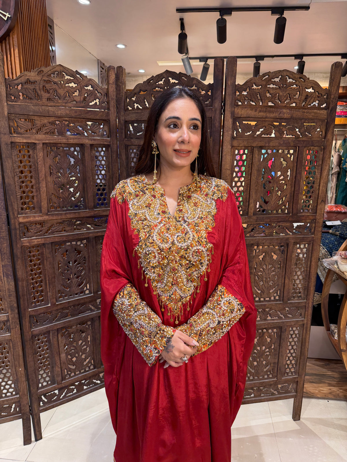 Regal Crimson Zardozi-Embellished Tunic & Printed Trouser Set