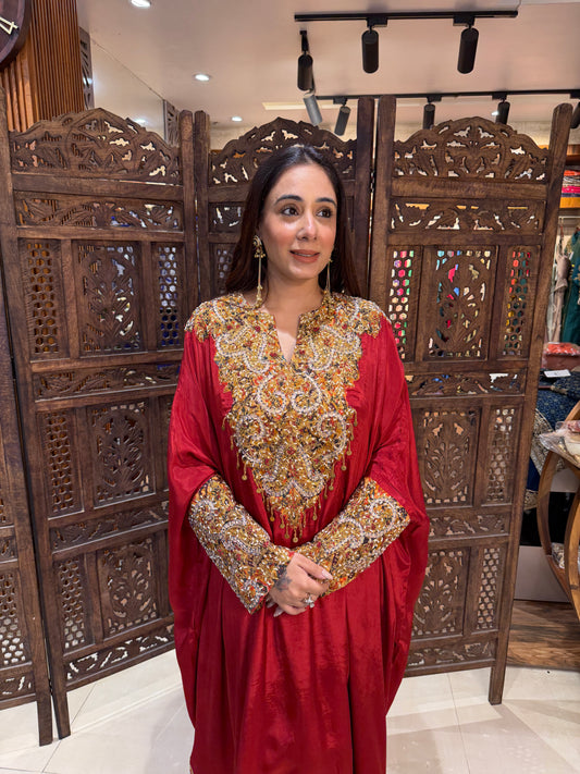 Regal Crimson Zardozi-Embellished Tunic & Printed Trouser Set