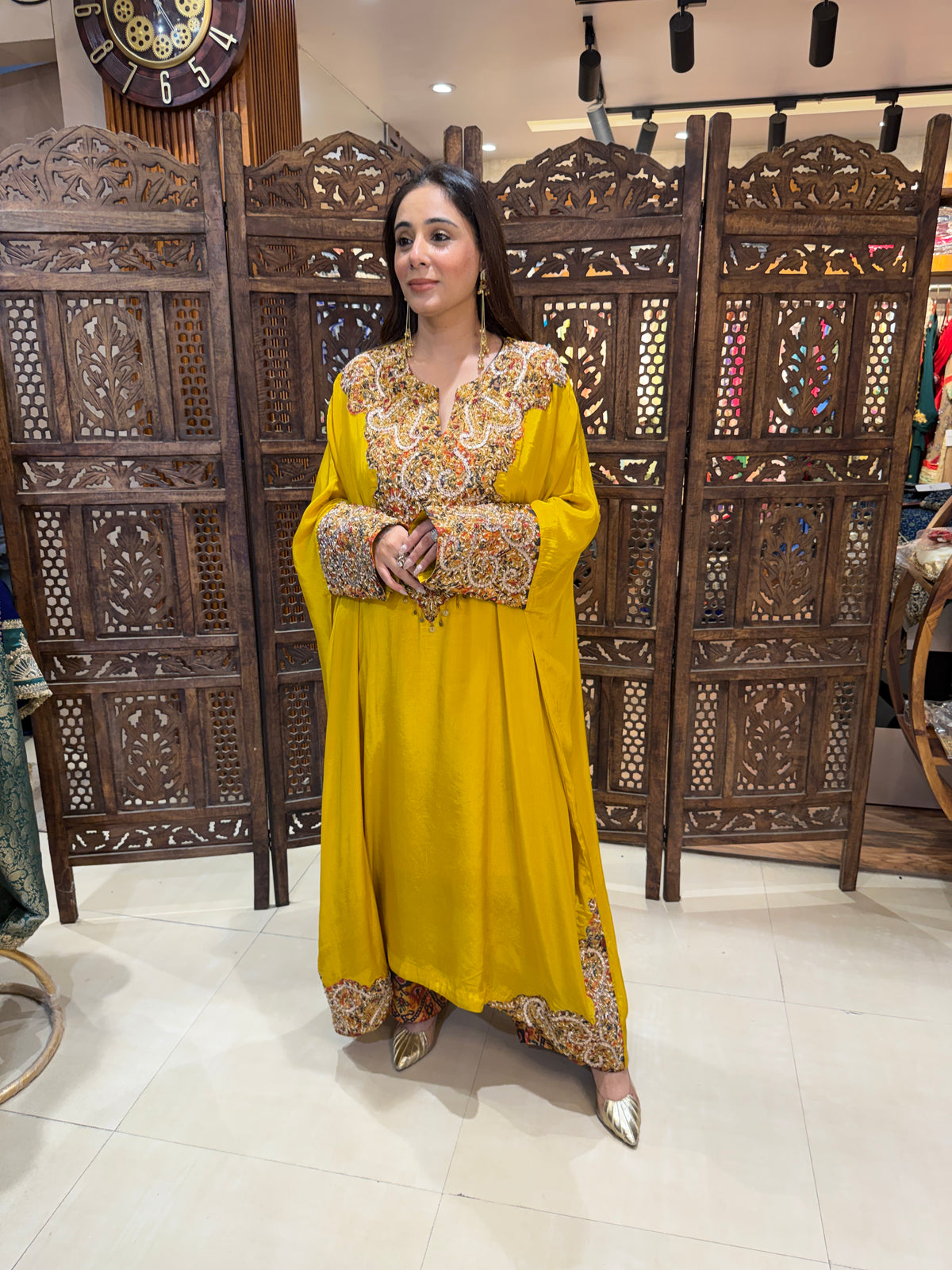 Radiant Mustard Zardozi-Embellished Kaftan & Printed Trouser Set
