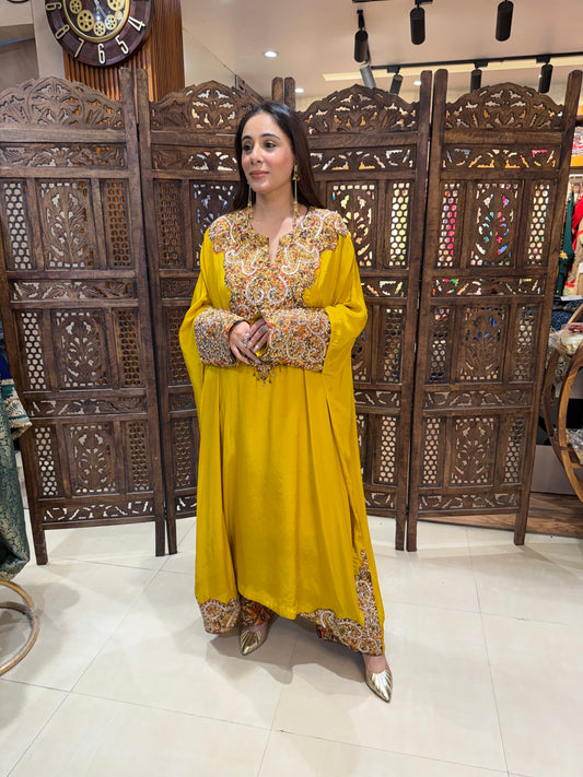 Radiant Mustard Zardozi-Embellished Kaftan & Printed Trouser Set