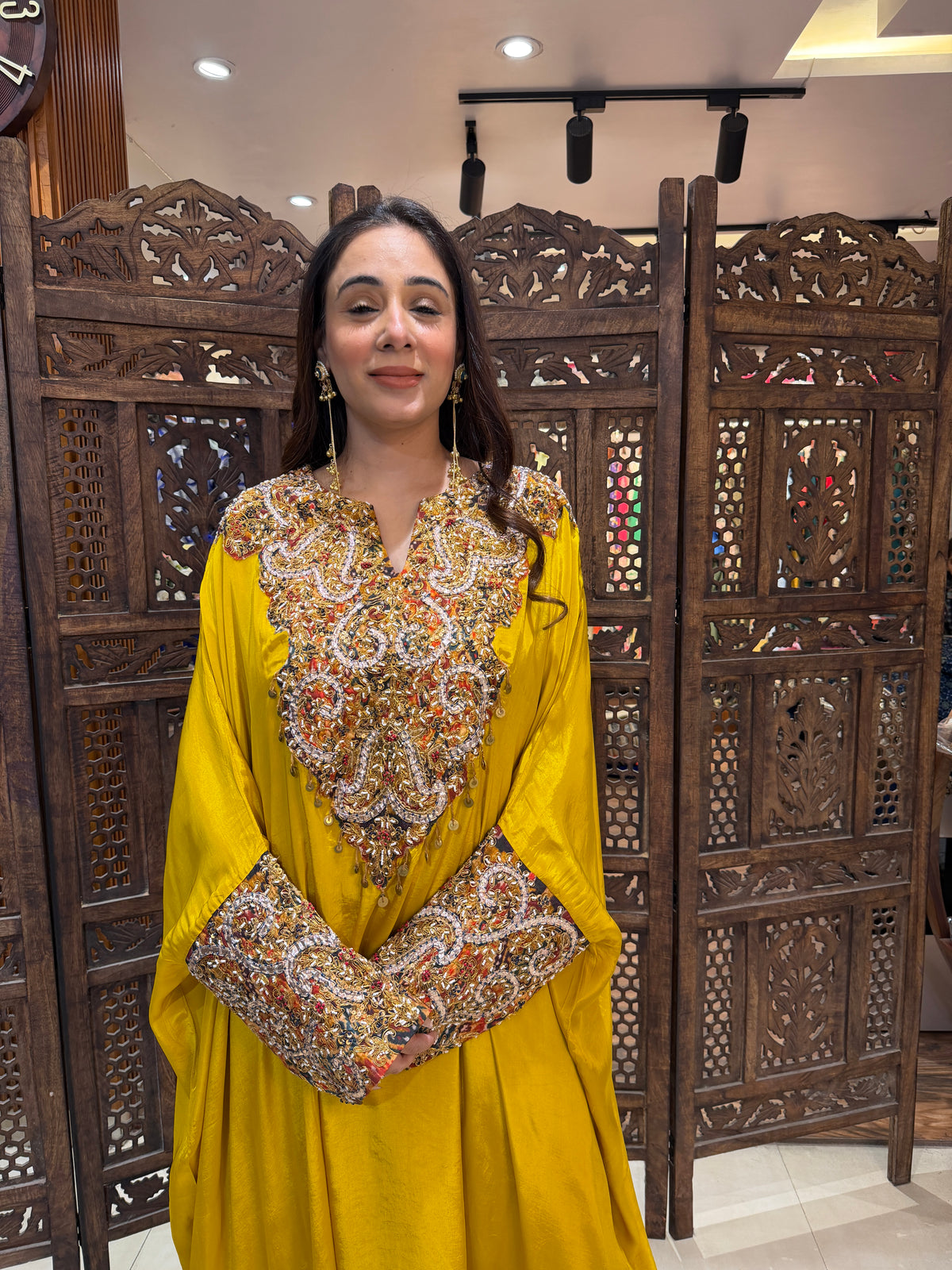 Radiant Mustard Zardozi-Embellished Kaftan & Printed Trouser Set