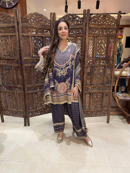 Royal Midnight Blue & Gold Embellished Tunic & Trouser Set