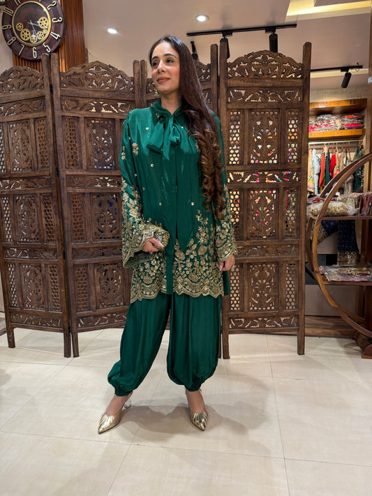 Regal Emerald Gold-Embellished Bow-Tie Tunic & Salwar Set