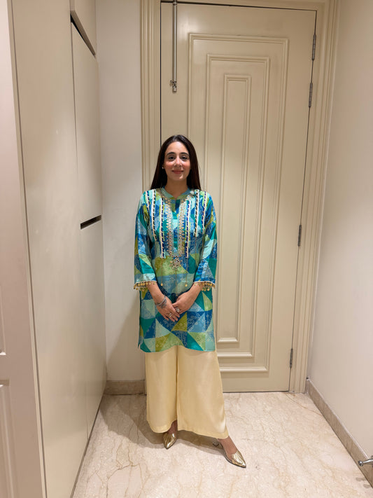 Vibrant Geometric Print Kurta with Embellished Yoke & Cream Palazzo Set