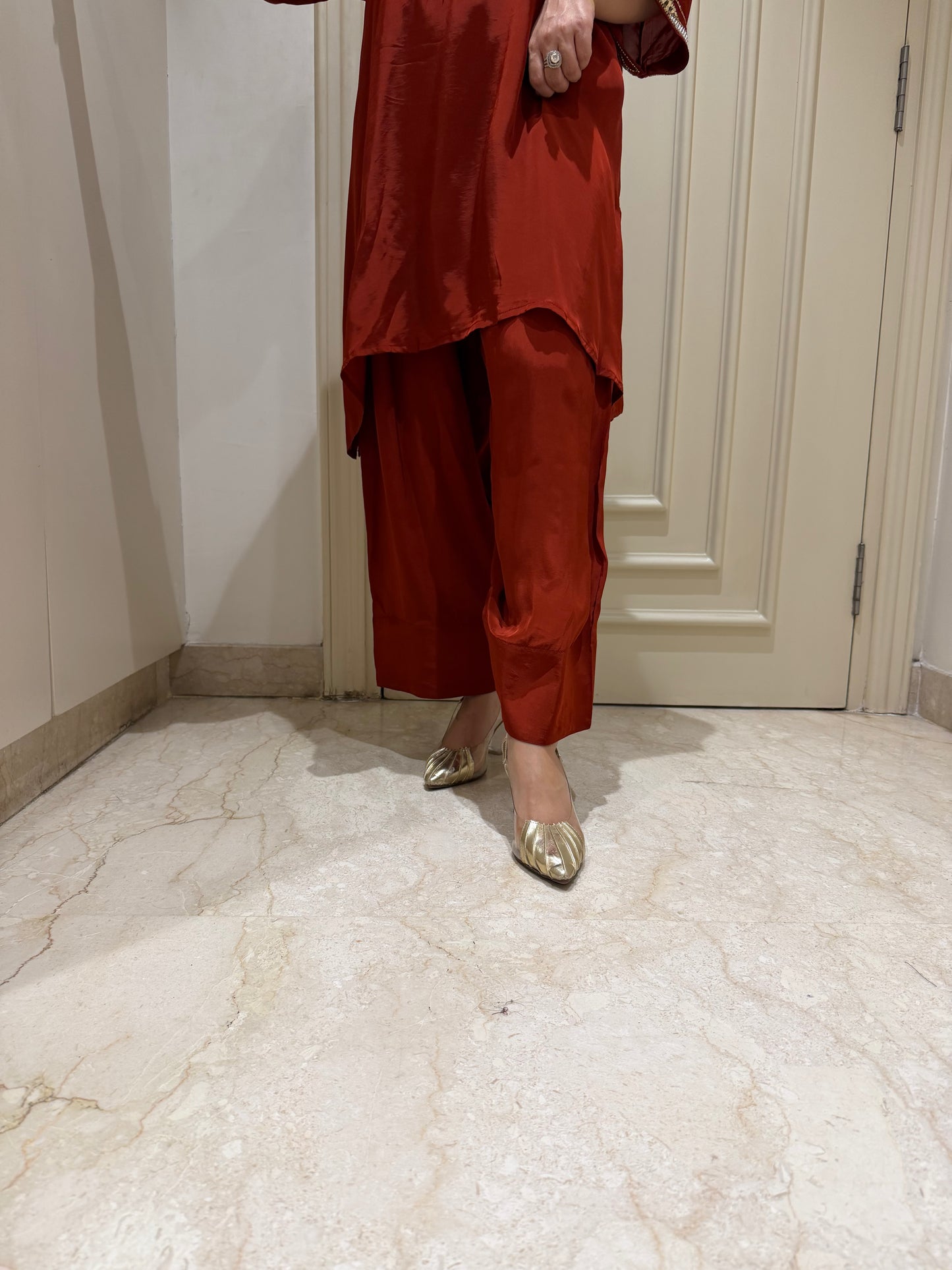 Rust Red Silk-Blend Co-ord Set with Pearl & Gold Beadwork