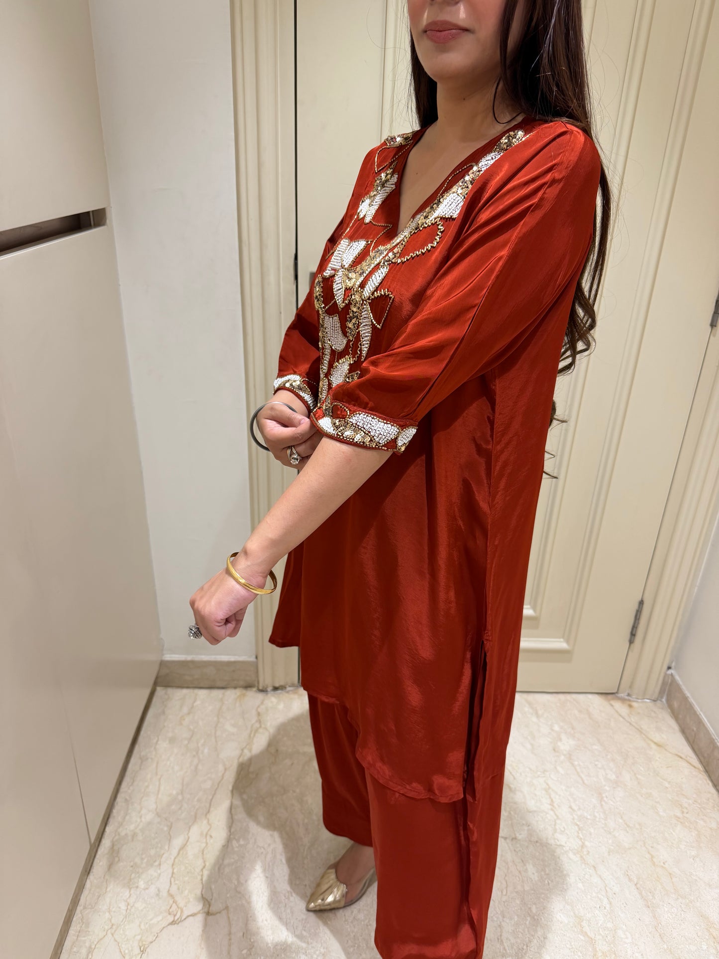 Rust Red Silk-Blend Co-ord Set with Pearl & Gold Beadwork