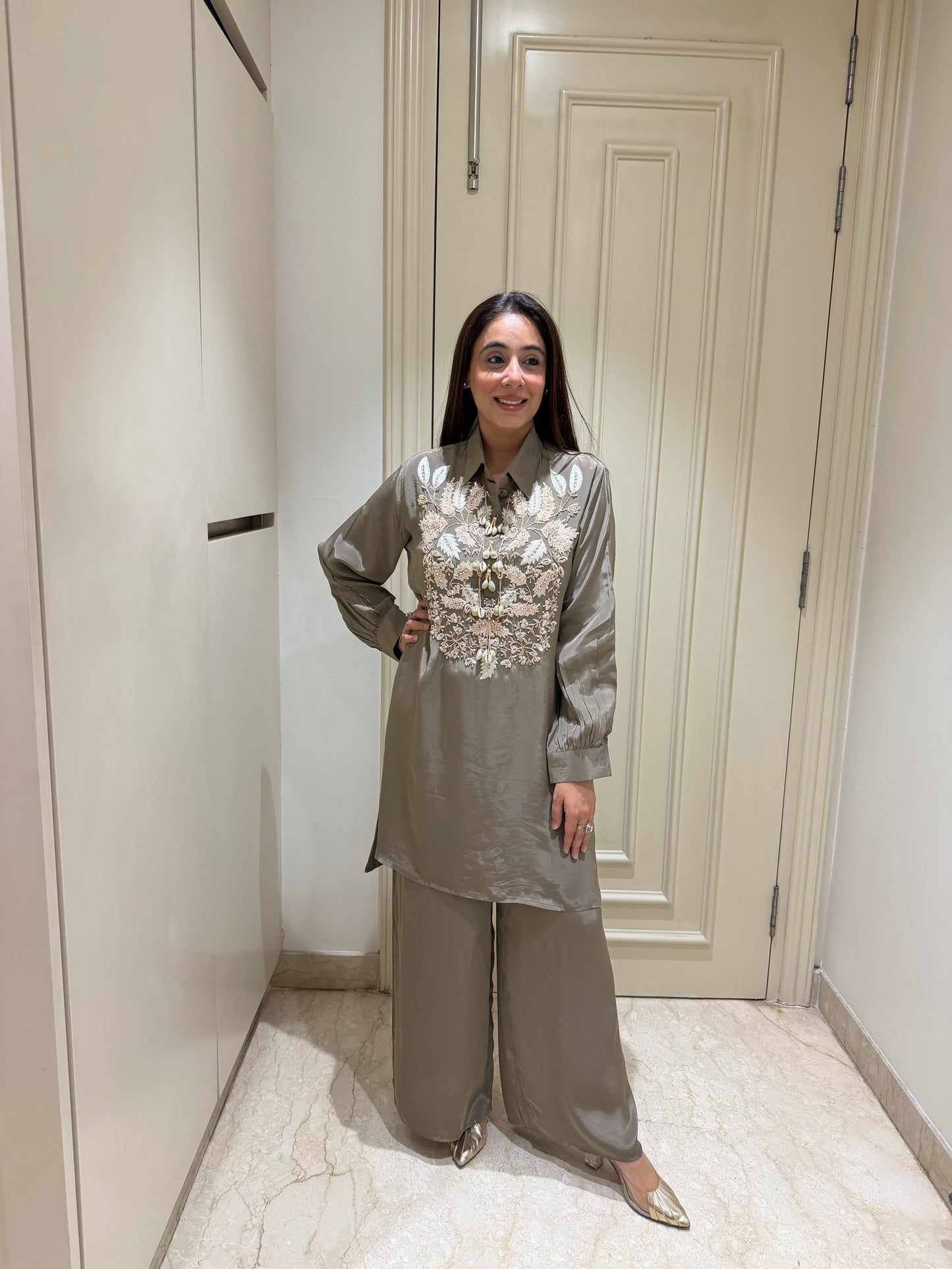 Dusty Olive Embroidered Silk-Blend Fusion Co-ord Set