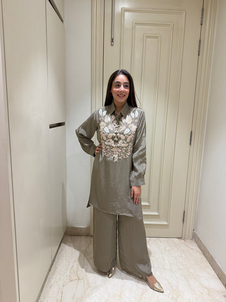 Dusty Olive Embroidered Silk-Blend Fusion Co-ord Set