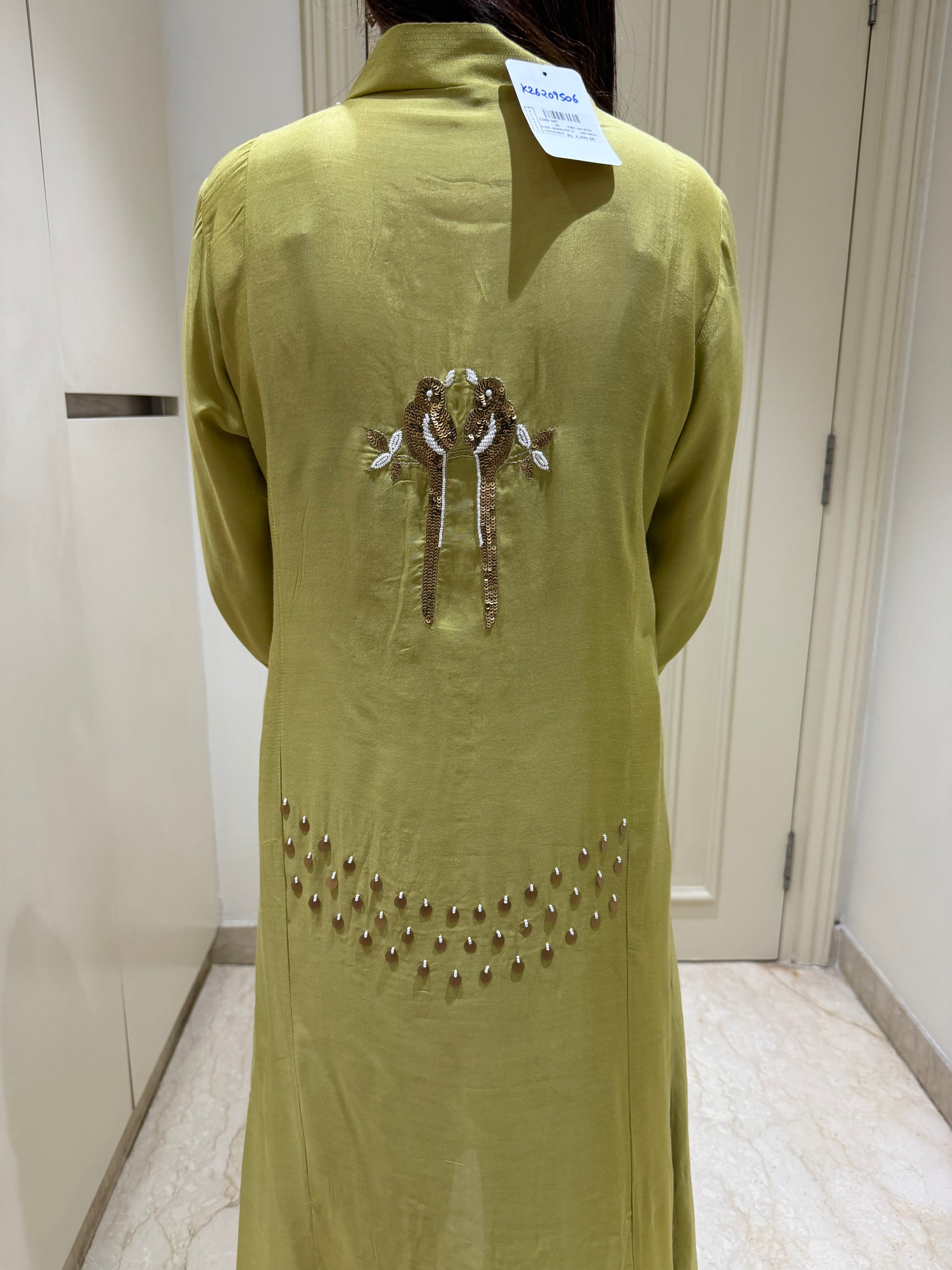 Lime Green Embellished Kurta Set with Statement Necklace