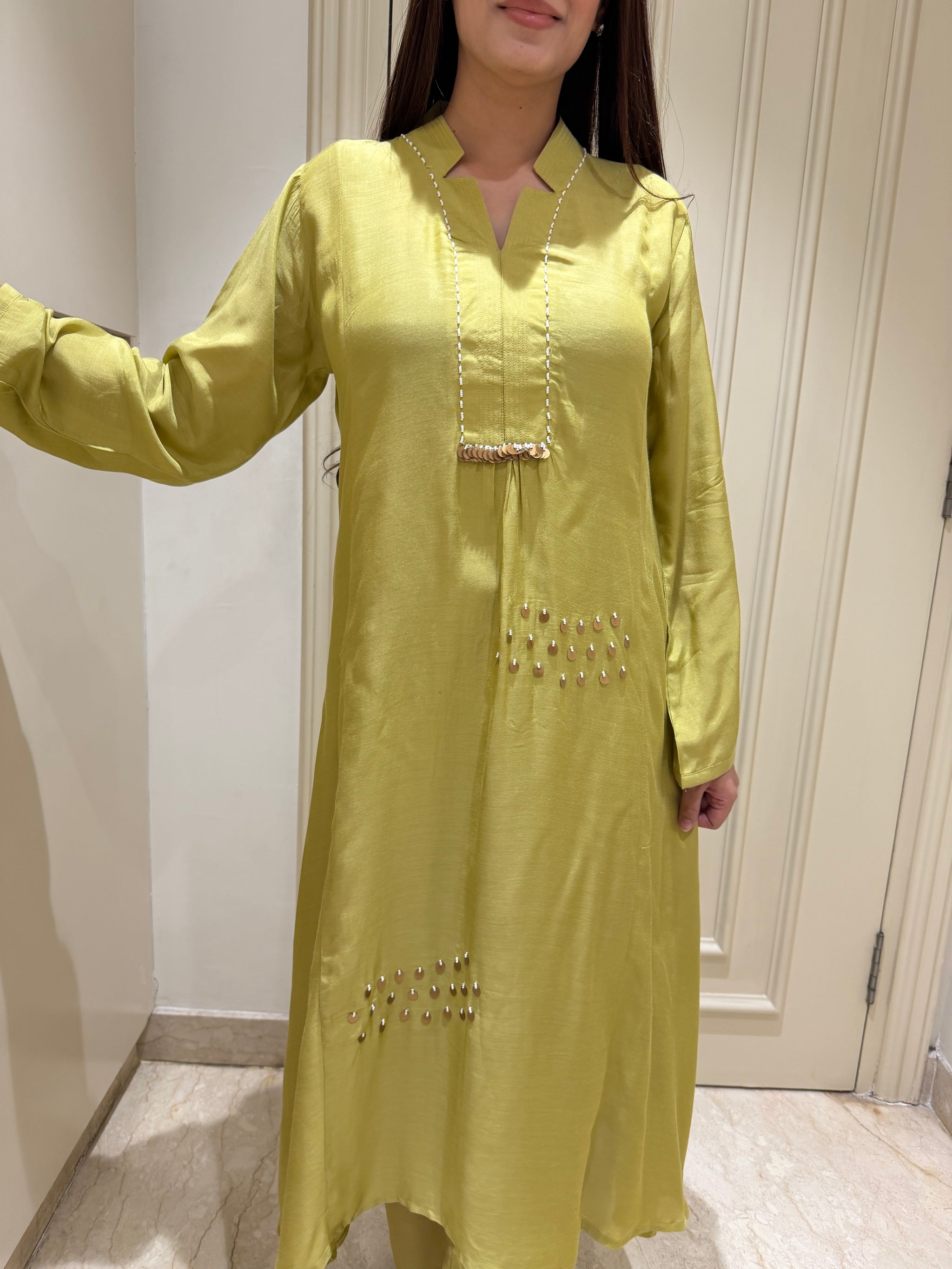 Lime Green Embellished Kurta Set with Statement Necklace