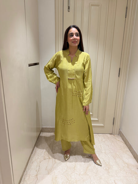 Lime Green Embellished Kurta Set with Statement Necklace
