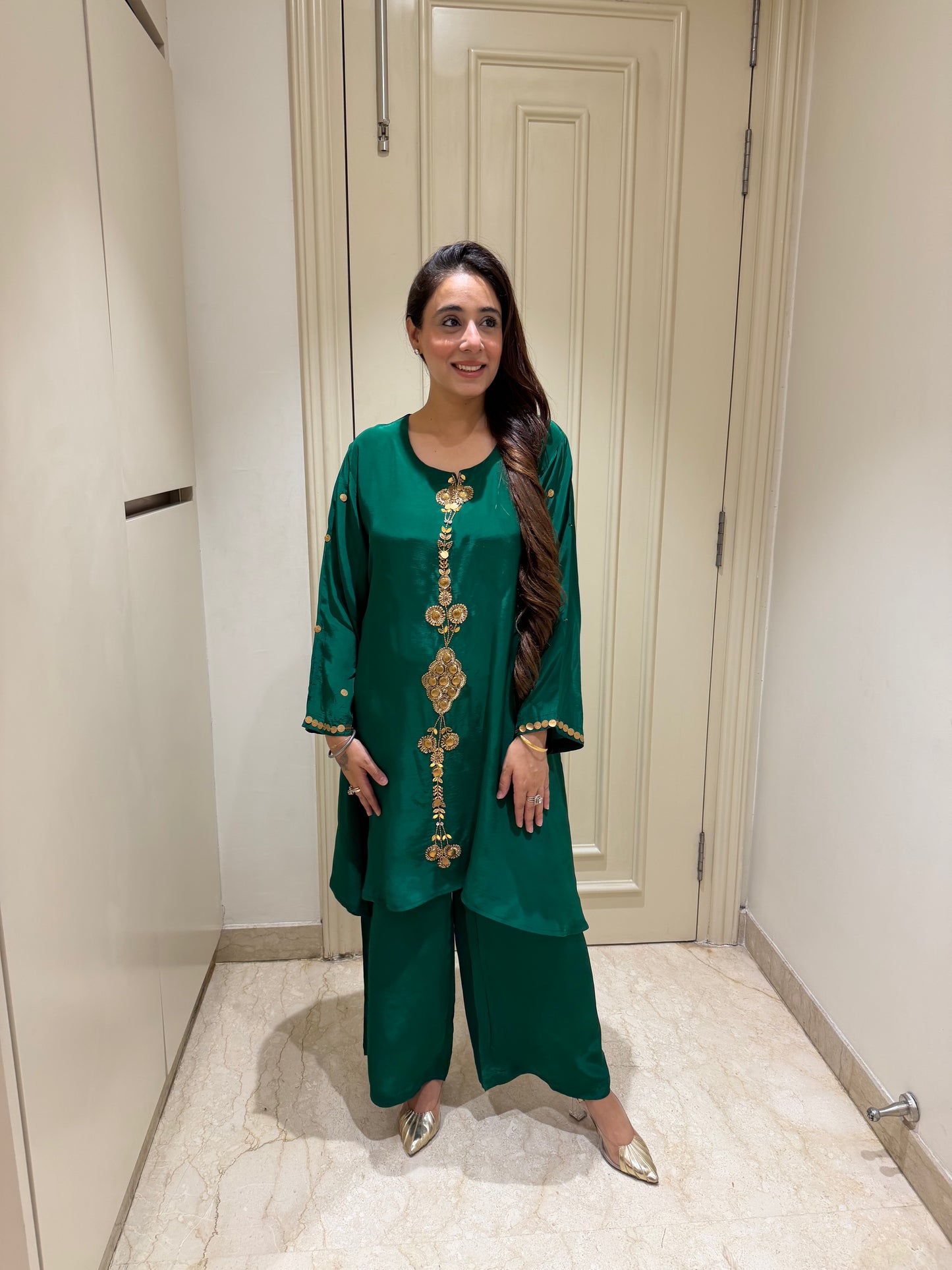 Emerald Green Silk-Blend Co-ord Set with Antique Gold Embellishments