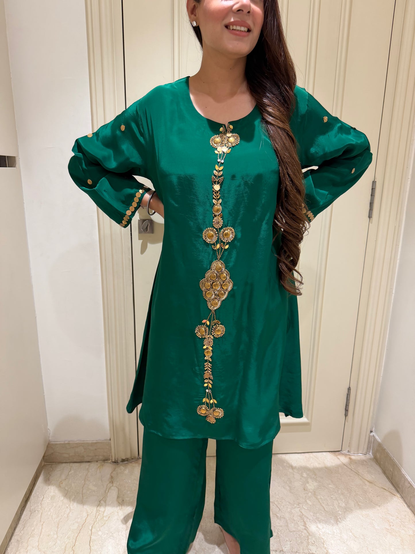 Emerald Green Silk-Blend Co-ord Set with Antique Gold Embellishments