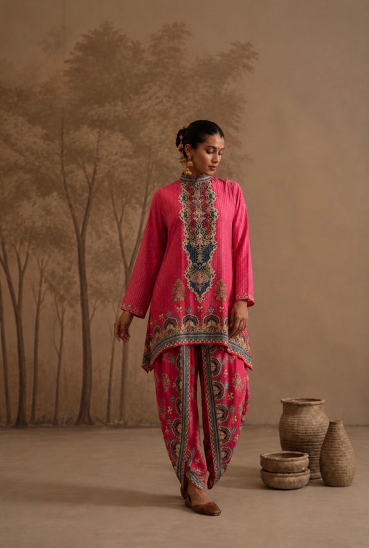 Vibrant Magenta Heritage Print Tunic & Dhoti Pant Set