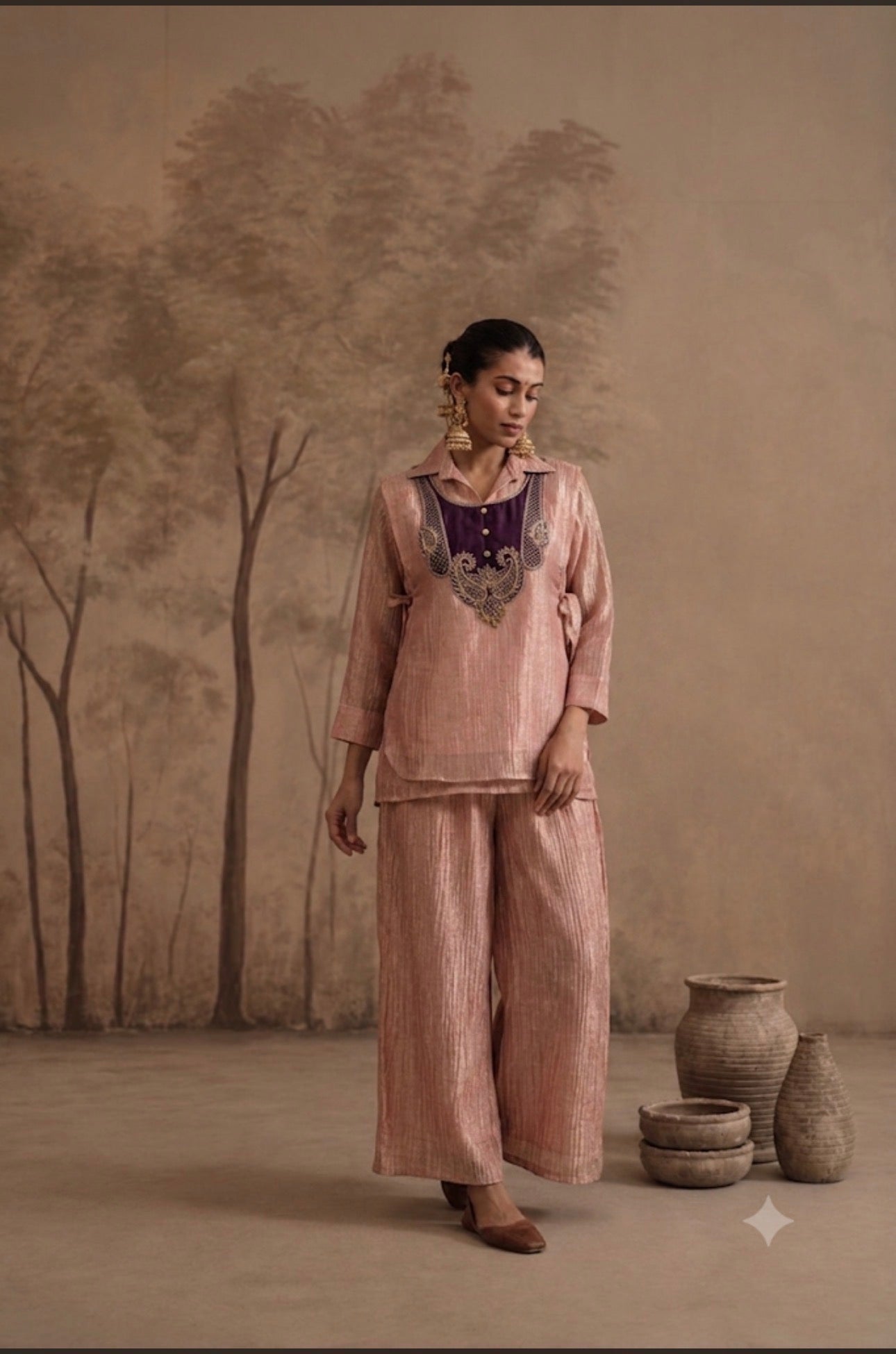 Rose Gold Textured Silk Co-ord Set with Aubergine Embroidered Yoke