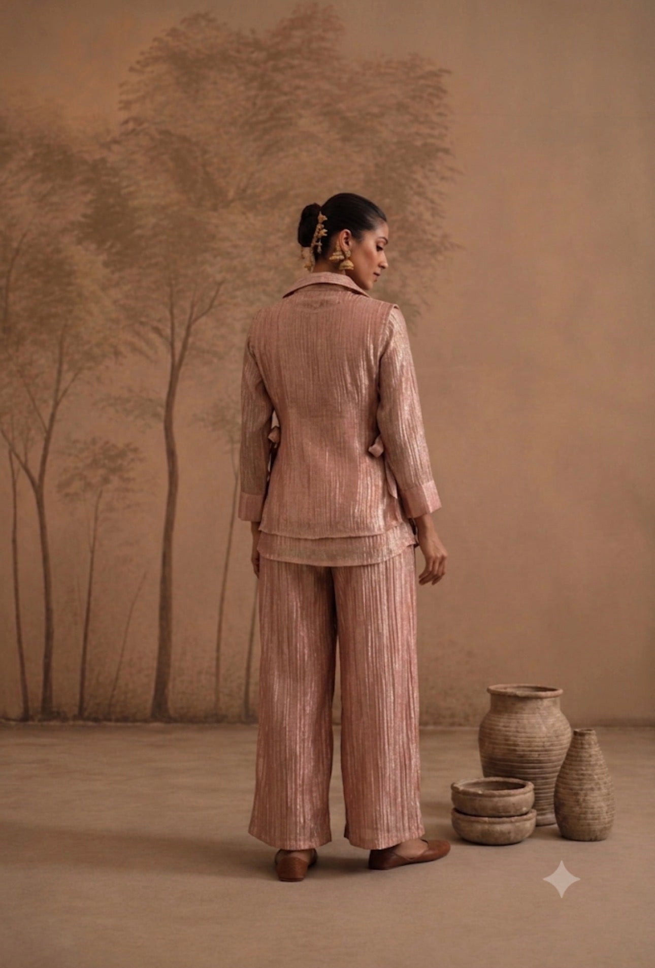 Rose Gold Textured Silk Co-ord Set with Aubergine Embroidered Yoke