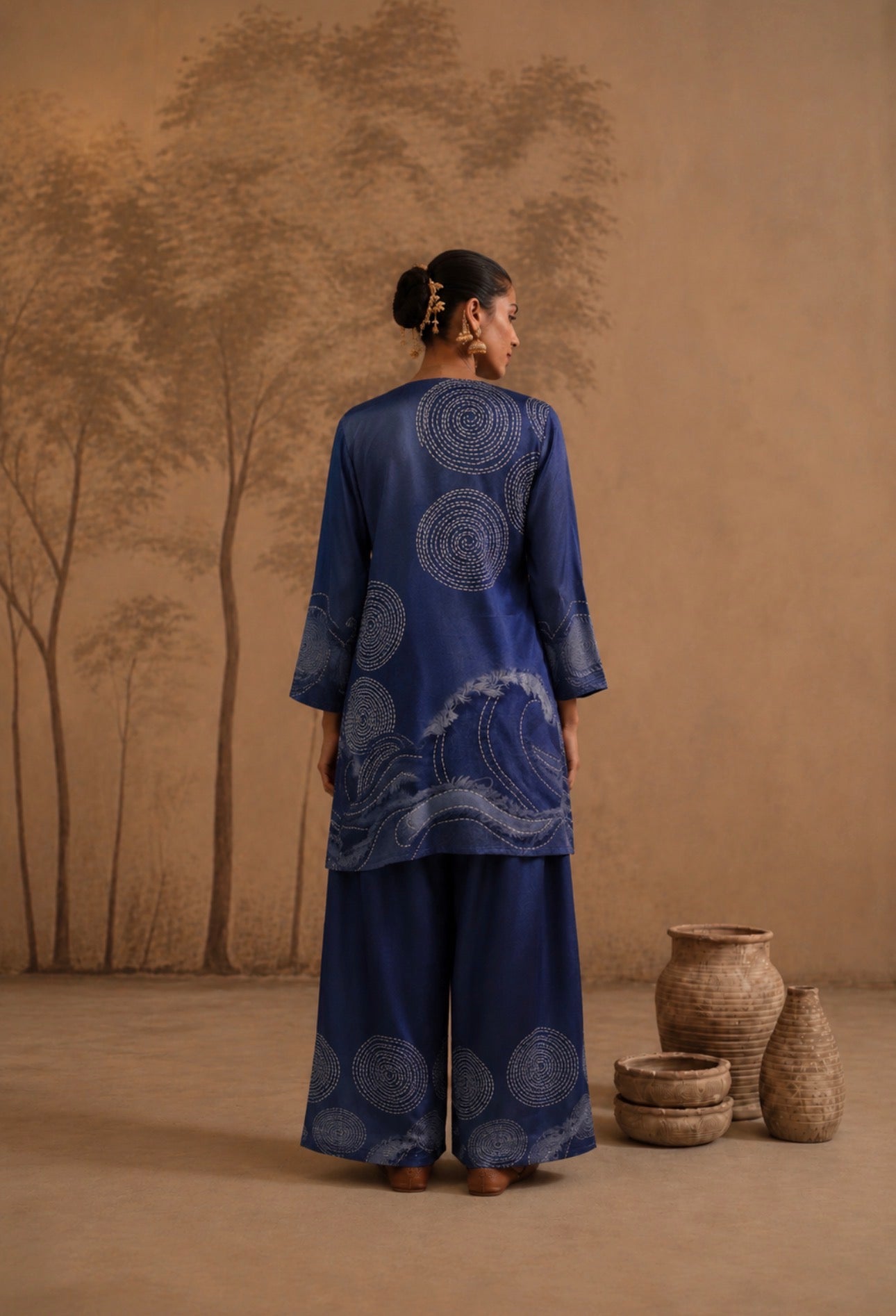 Indigo Coastal Wave Co-ord Set with Cowrie Shell Embellishment