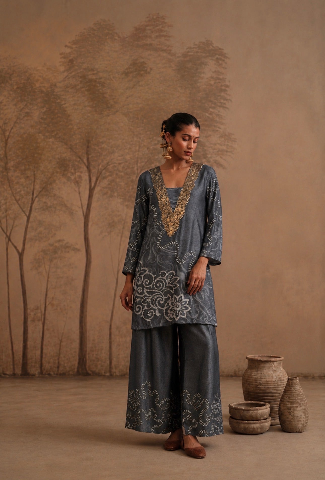 Slate Grey Embellished Tunic & Palazzo Set with Abstract Dotted Print