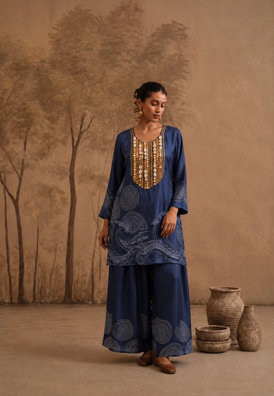 Indigo Coastal Wave Co-ord Set with Cowrie Shell Embellishment