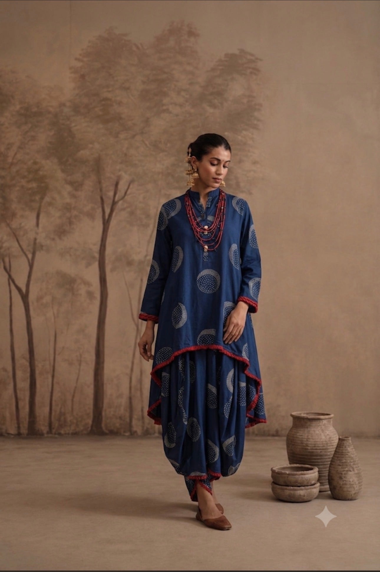 Indigo Moon Motif High-Low Tunic & Dhoti Pant Set