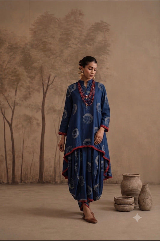 Indigo Moon Motif High-Low Choga Dress