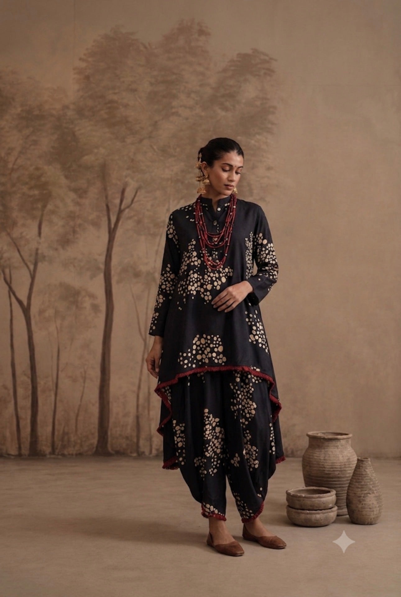 Midnight Charcoal Pebble Print High-Low Tunic & Dhoti Pant Set
