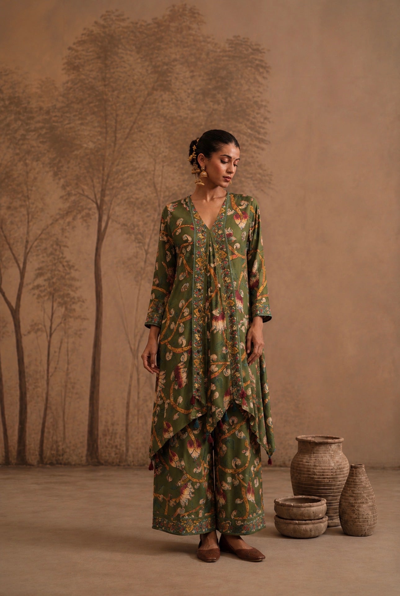 Earthy Moss Green Botanical Handkerchief Tunic & Palazzo Set