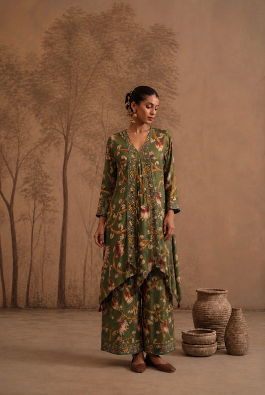 Earthy Moss Green Botanical Handkerchief Tunic & Palazzo Set