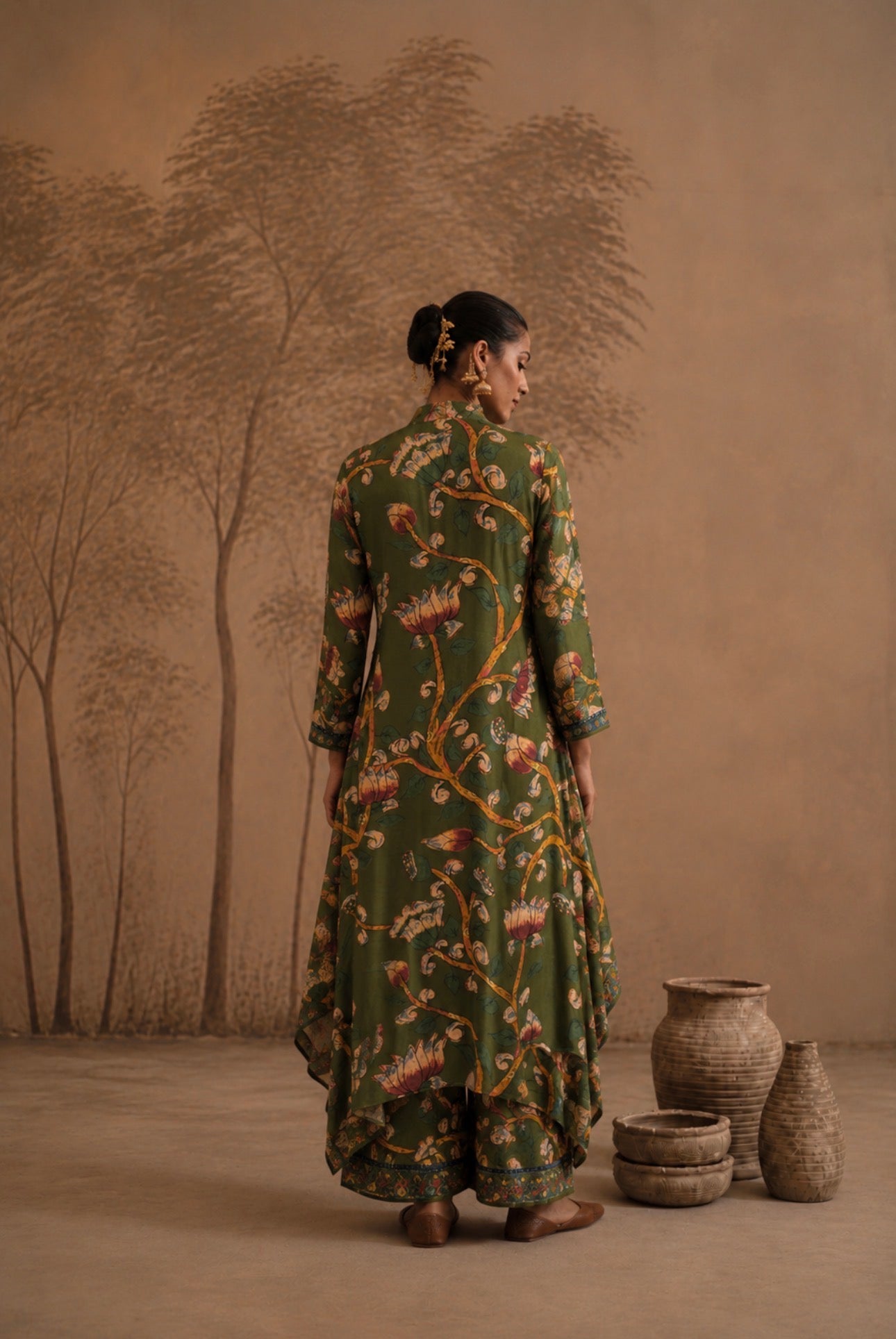 Earthy Moss Green Botanical Handkerchief Tunic & Palazzo Set