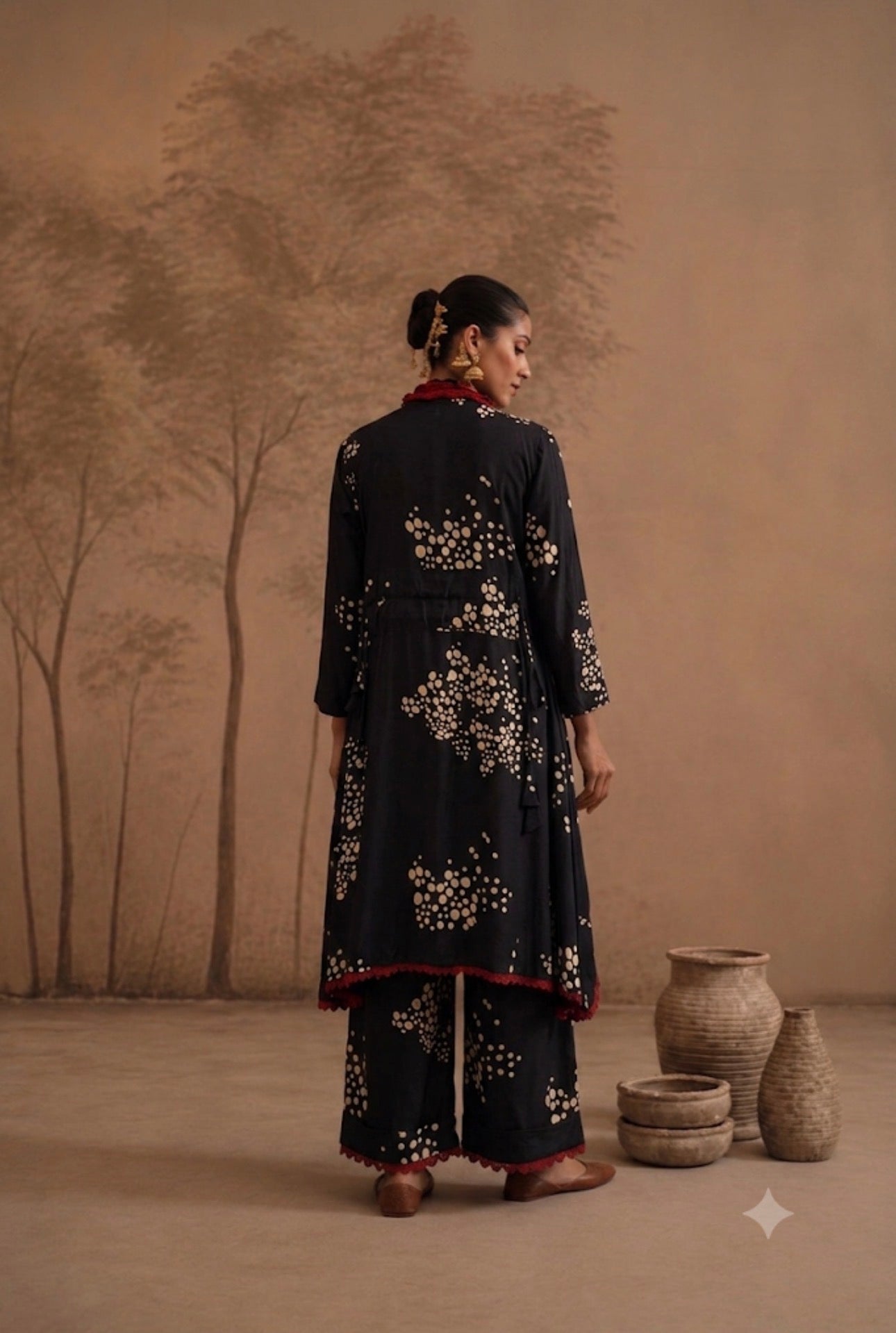 Midnight Charcoal Pebble Print High-Low Tunic & Dhoti Pant Set