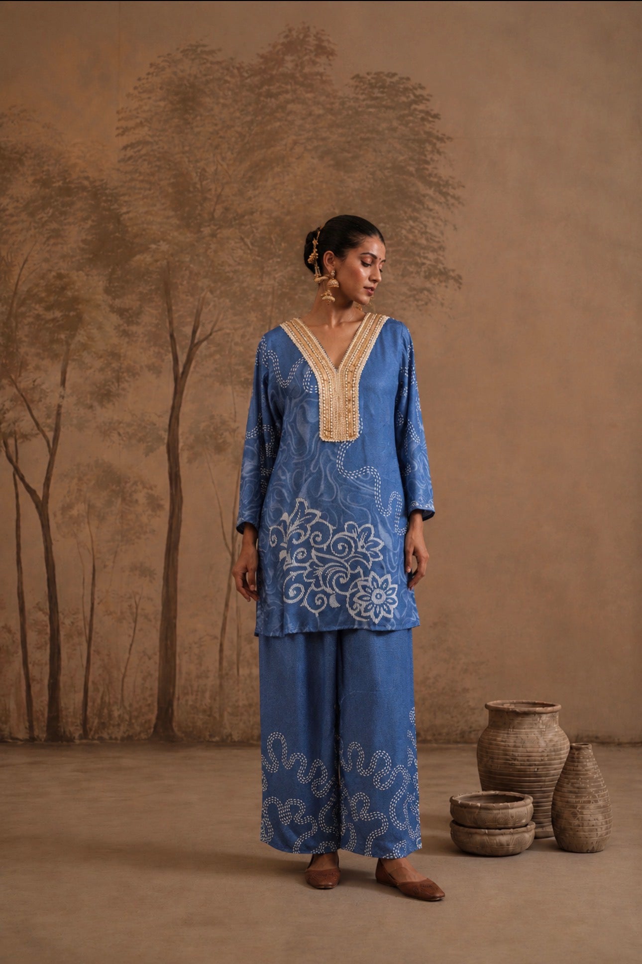 Cerulean Blue Embellished Tunic & Palazzo Set with Dotted Floral Print
