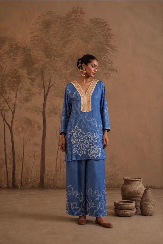 Cerulean Blue Embellished Tunic & Palazzo Set with Dotted Floral Print