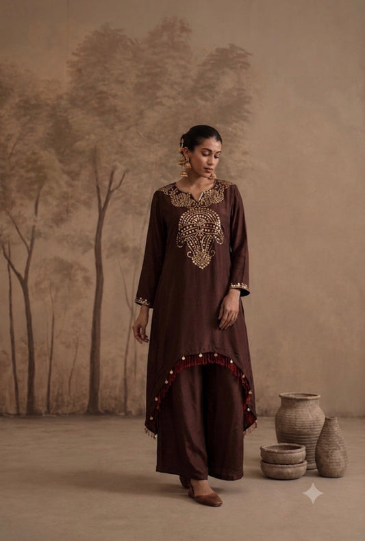 Espresso Brown High-Low Tunic & Palazzo Set with Gold Motif Embellishments