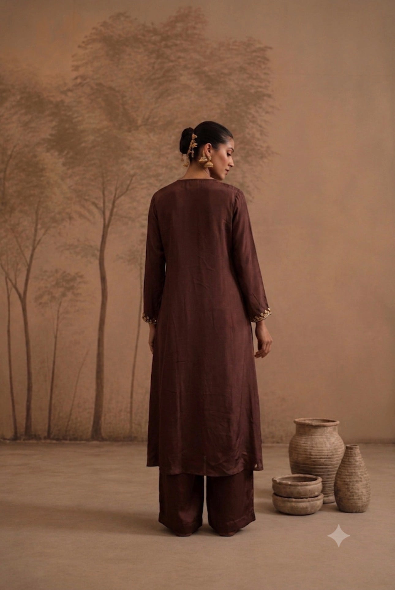 Espresso Brown High-Low Tunic & Palazzo Set with Gold Motif Embellishments