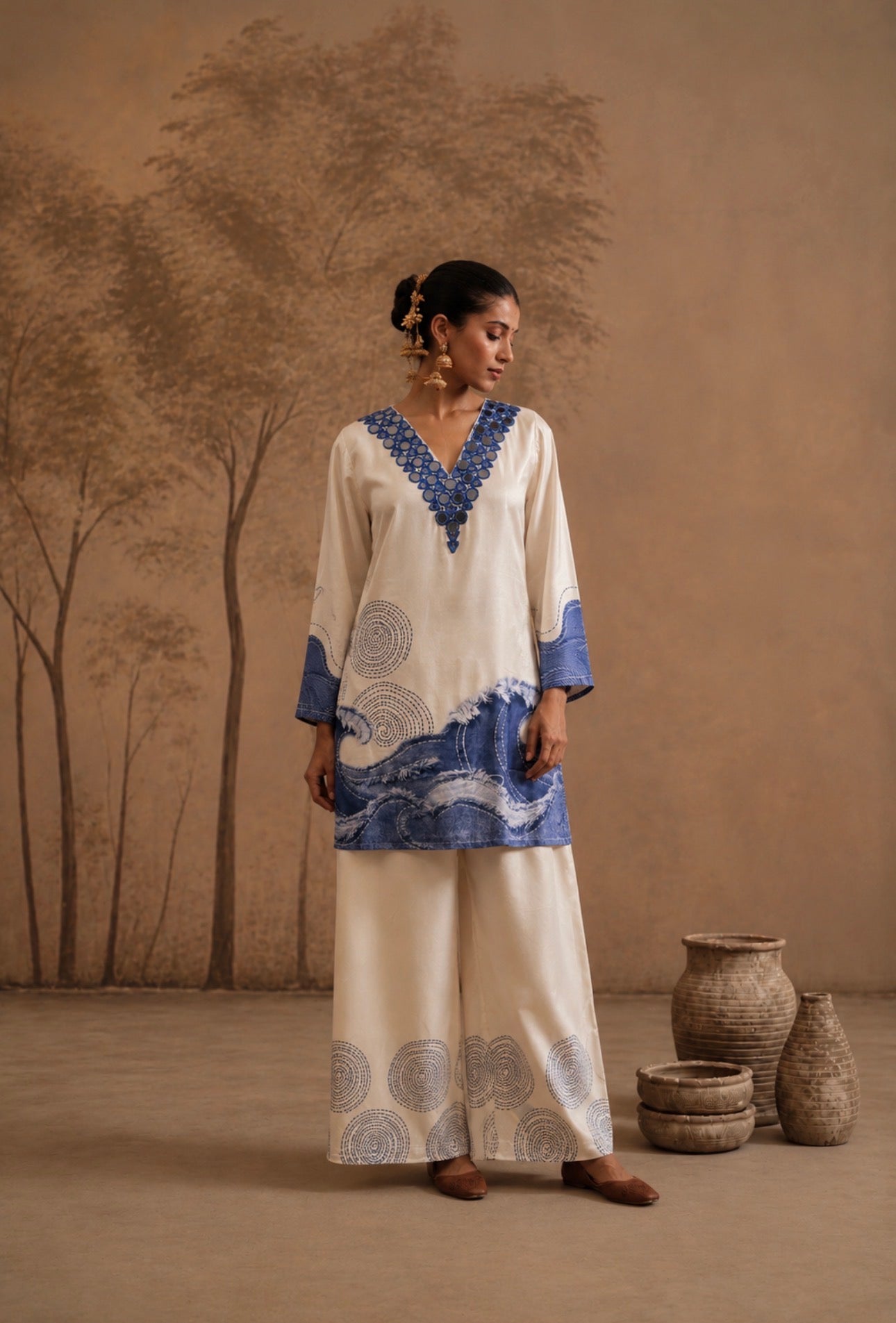 Ivory & Indigo Ocean Wave Co-ord Set with Mirror Work Neckline