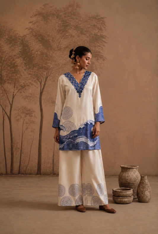 Ivory & Indigo Ocean Wave Co-ord Set with Mirror Work Neckline