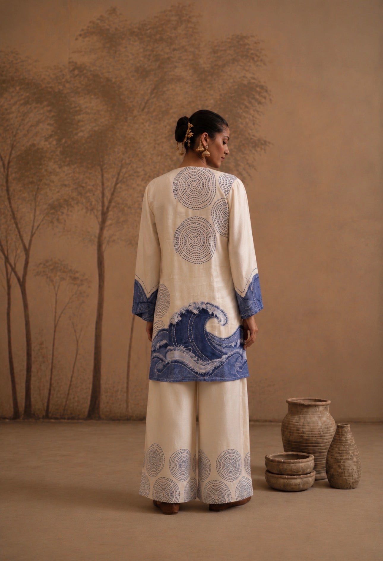 Ivory & Indigo Ocean Wave Co-ord Set with Mirror Work Neckline