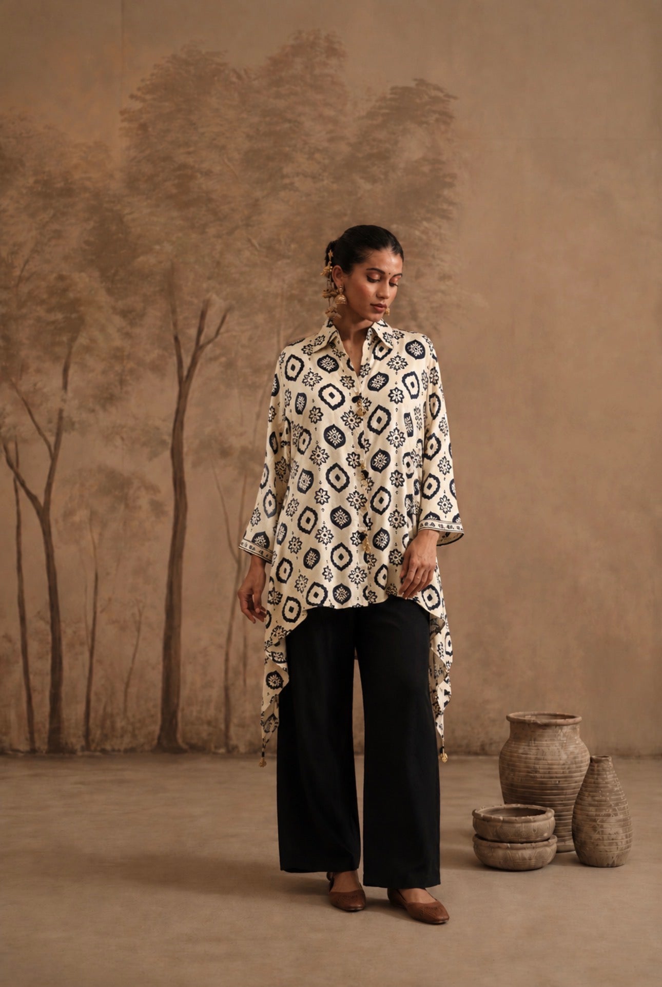 Ivory & Ink Blue Geometric Ikat-Print Asymmetrical Tunic & Palazzo Set