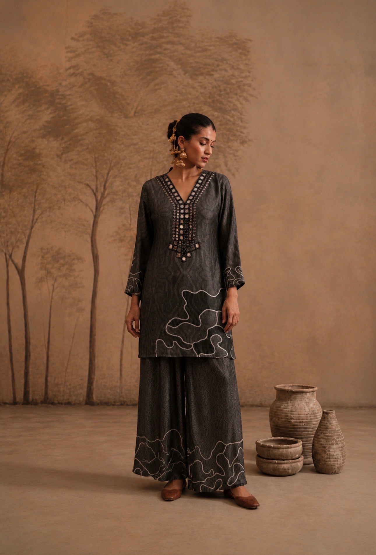 Charcoal Abstract Embroidered Co-ord Set with Mirror Work Neckline
