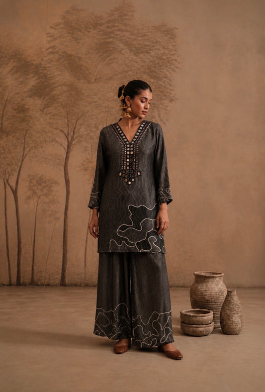 Charcoal Abstract Embroidered Co-ord Set with Mirror Work Neckline