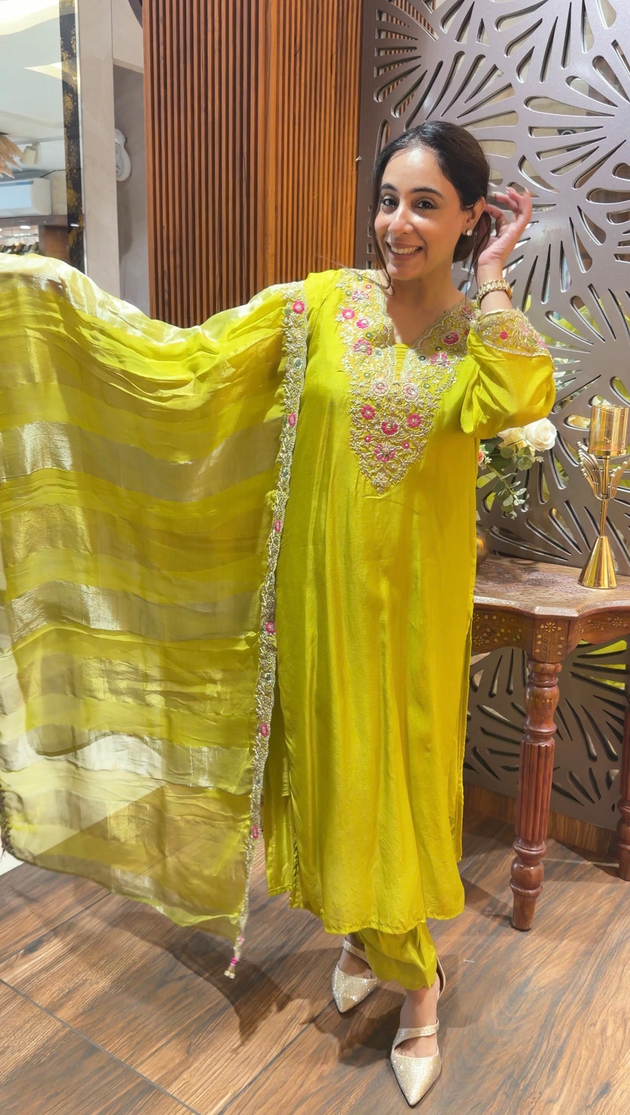 Vibrant Chartreuse Embroidered Kurta Set with Zari Striped Dupatta