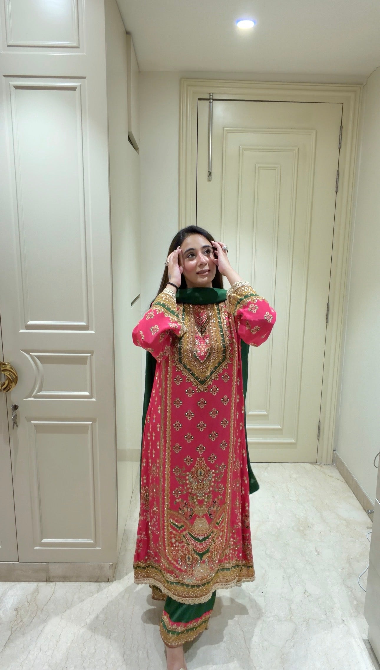 Regal Rani Pink & Forest Green Heavily Embroidered 3-Piece Suit