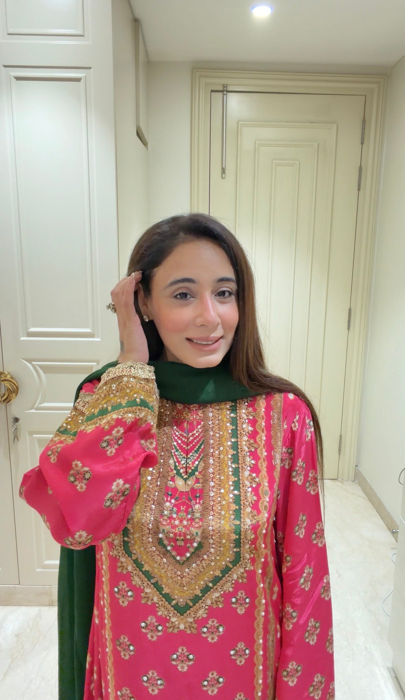 Regal Rani Pink & Forest Green Heavily Embroidered 3-Piece Suit