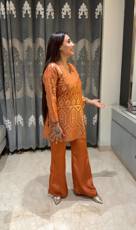 Rust Orange Geometric Foil-Print Kurta & Palazzo Set