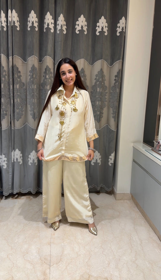 Ivory Silk-Blend Co-ord Set with Statement Gold Motif Embellishments